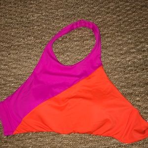 Pink and orange high neck color block bikini top